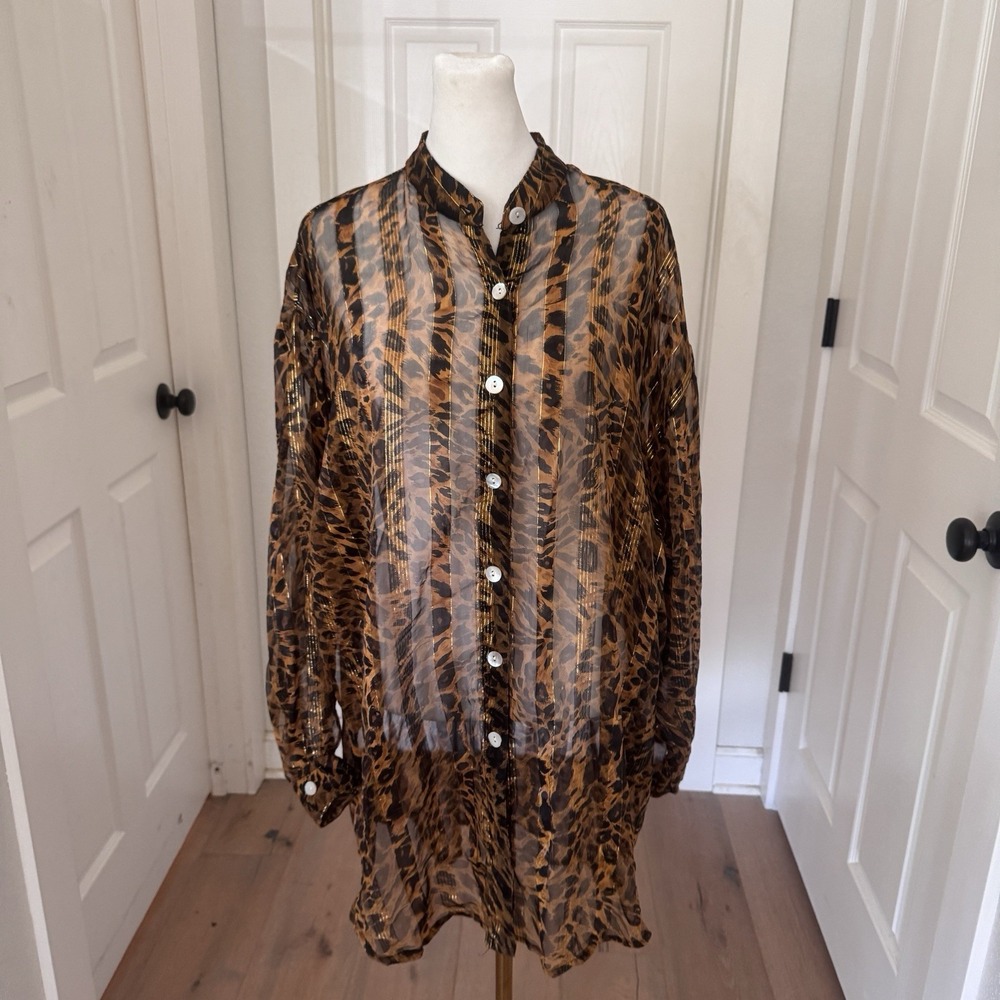 Vtg Womens Oversized S Cheetah Leopard Print Sheer Sexy Tunic Button Shirt Dress